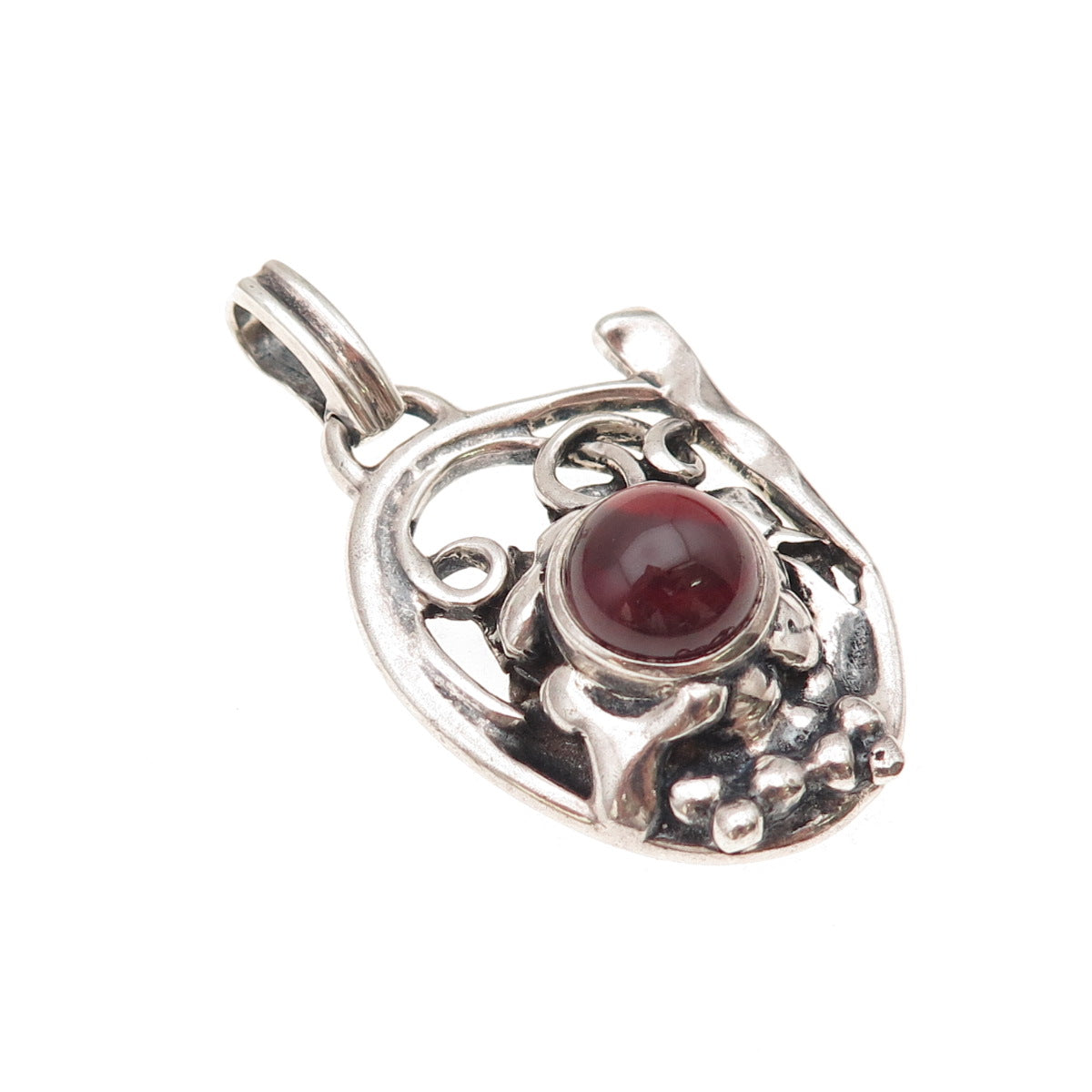 925 Sterling Silver Vintage Real Garnet Modernist Floral Oxidized Charm Pendant