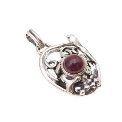 925 Sterling Silver Vintage Real Garnet Modernist Floral Oxidized Charm Pendant