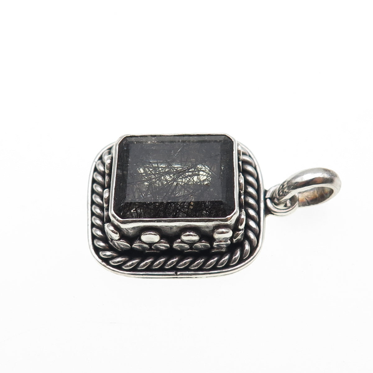 925 Sterling Silver Vintage Real Rutilated Quartz Oxidized Charm Pendant