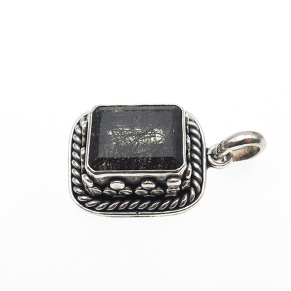 925 Sterling Silver Vintage Real Rutilated Quartz Oxidized Charm Pendant