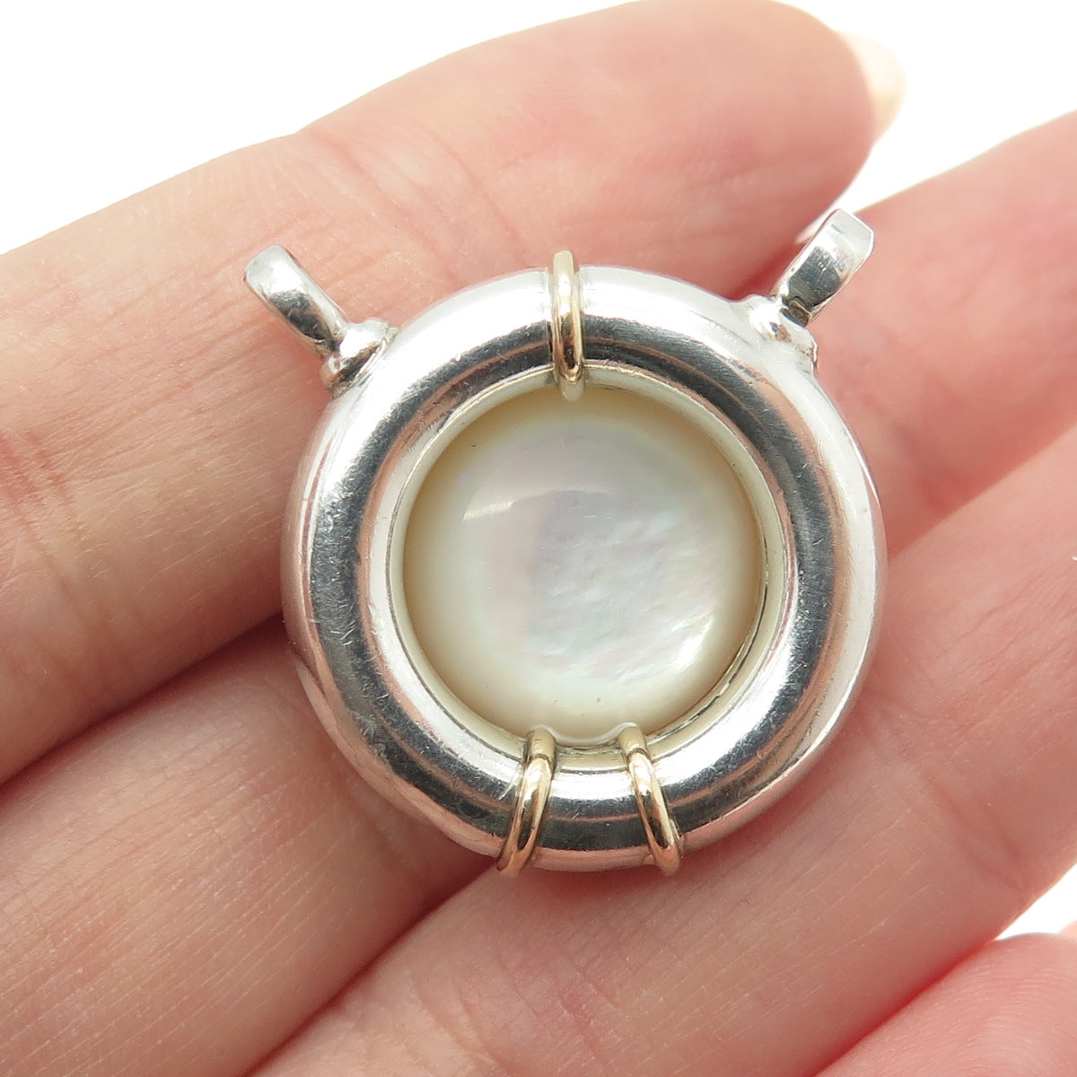 14K Gold Sterling Silver Vintage Pearl & Sapphire Modernist Centerpiece Pendant