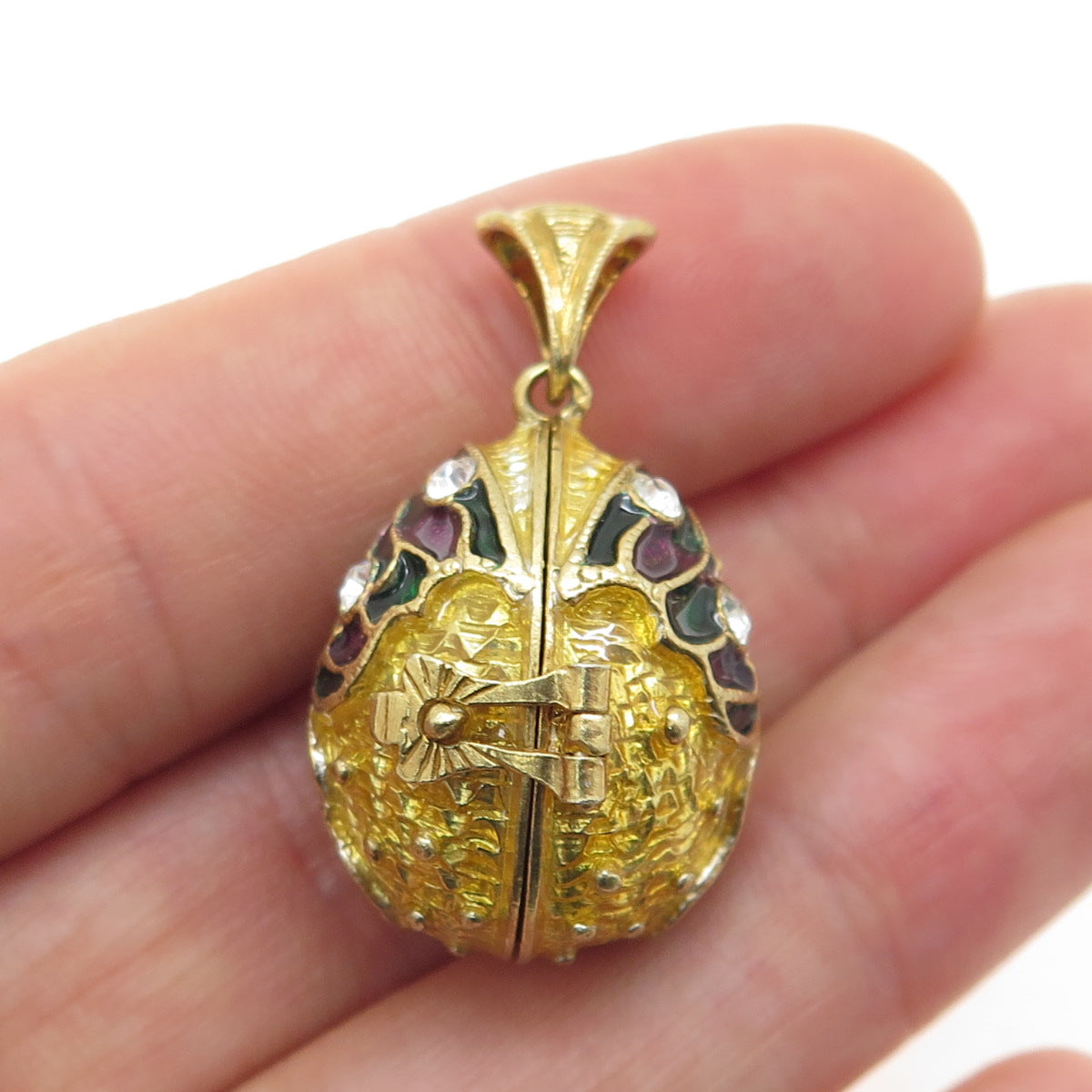 925 Sterling Gold Plated Vintage Enamel & Rhinestone Easter Egg Locket Pendant