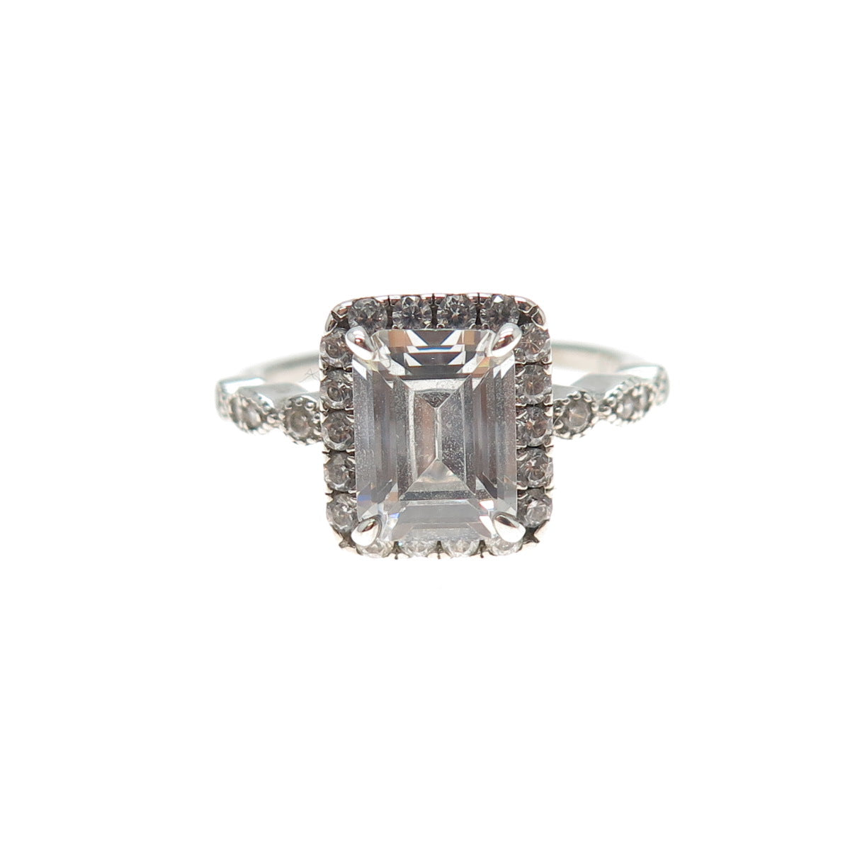 925 Sterling Silver Emerald & Round-Cut C Z Engagement Ring Size 5