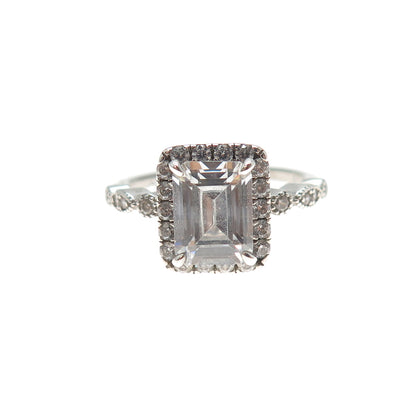 925 Sterling Silver Emerald & Round-Cut C Z Engagement Ring Size 5