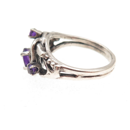 925 Sterling Silver Vintage Real Amethyst Modernist Oxidized Ring Size 7.75