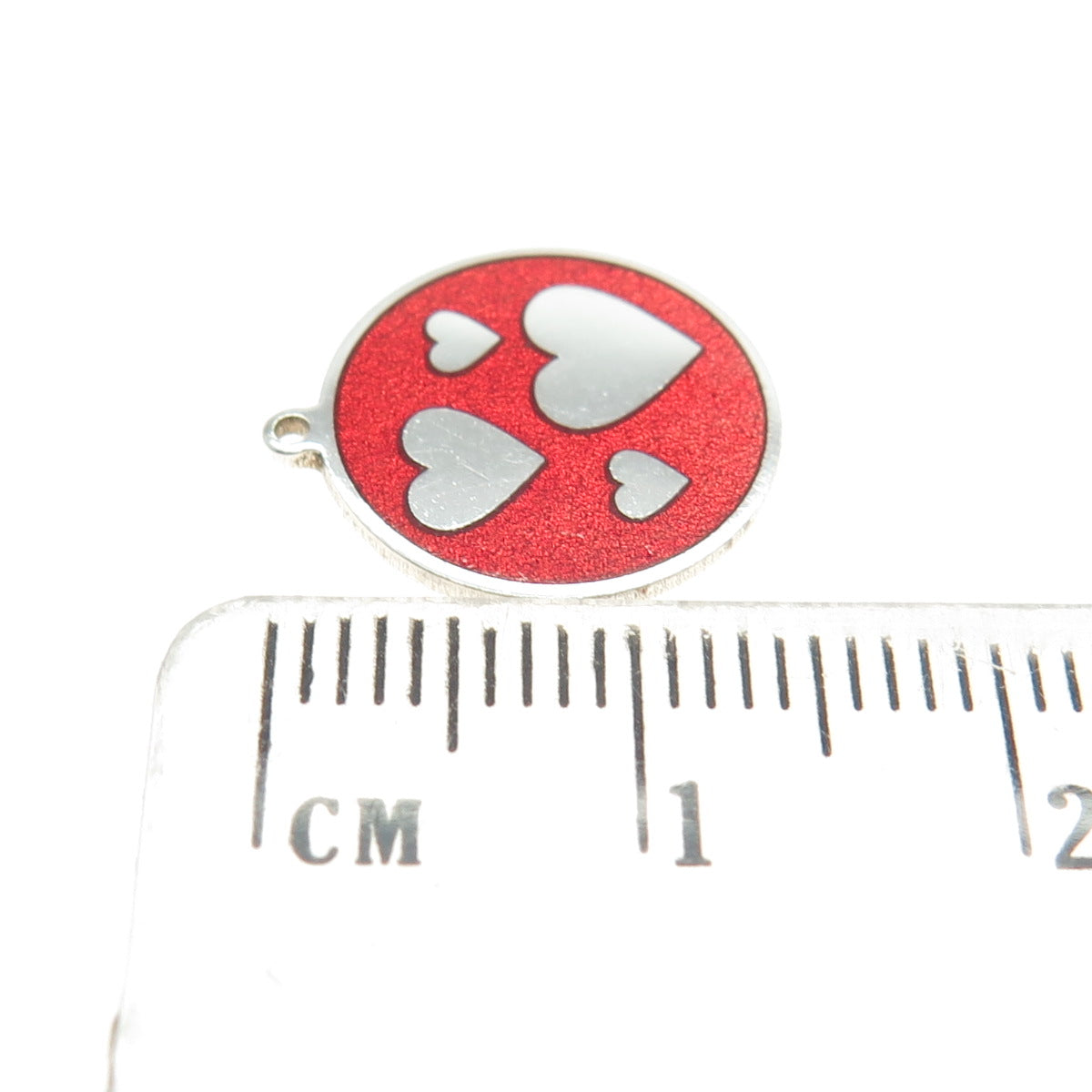 925 Sterling Silver Red Enamel Heart Round Tag Minimalist Charm Pendant