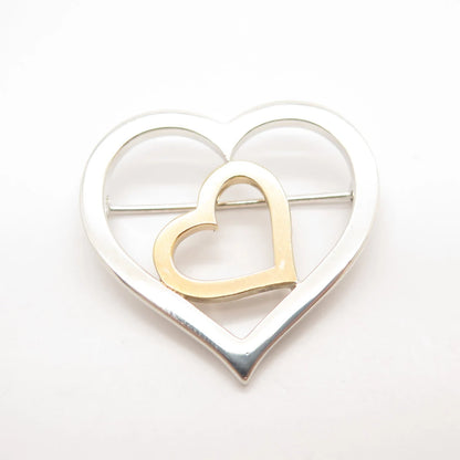 925 Sterling Silver 2-Tone Vintage Couple of Heart Pin Brooch