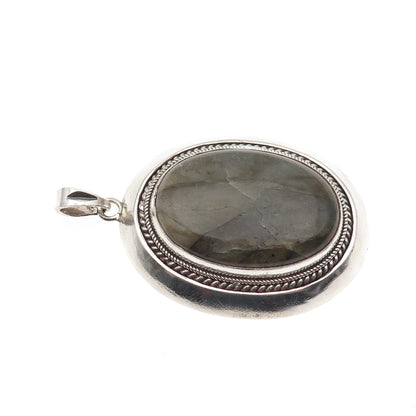 925 Sterling Silver Vintage Real Cabochon Labradorite Roped Pendant