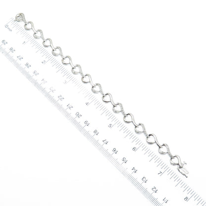 SUN 925 Sterling Silver Real Round-Cut Diamond Heart Link Bracelet 7"