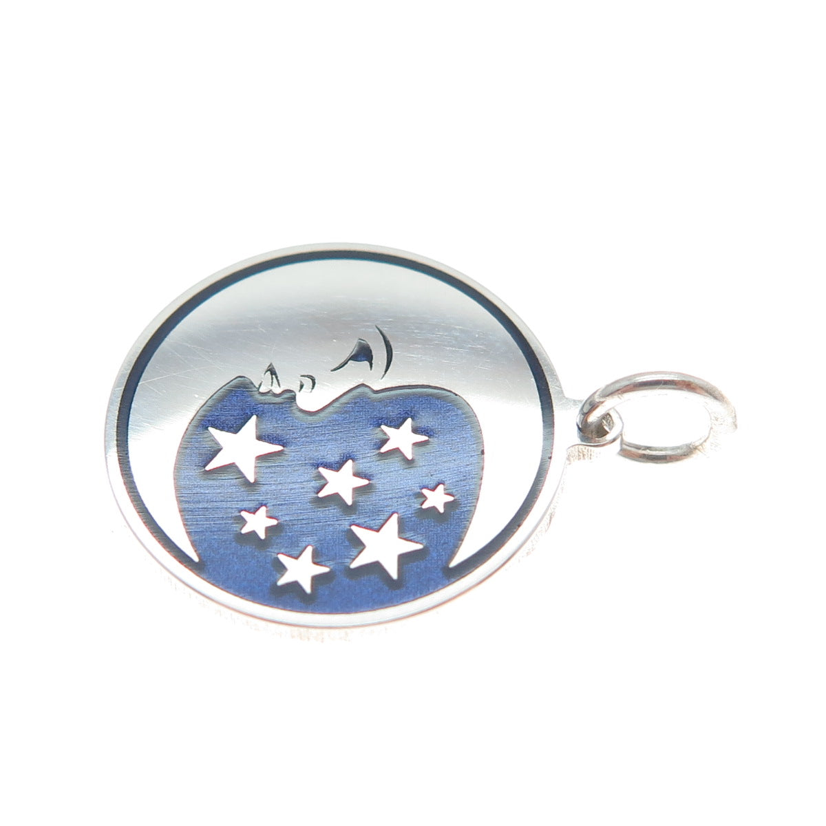925 Sterling Silver Blue Enamel Man in The Moon Crescent Minimalist Pendant