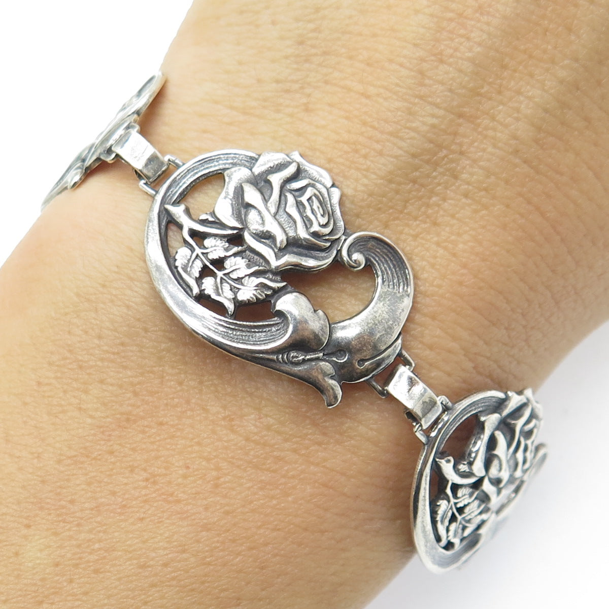 925 Sterling Silver Antique Art Deco Rose Flower Link Oxidized Bracelet 7.75"