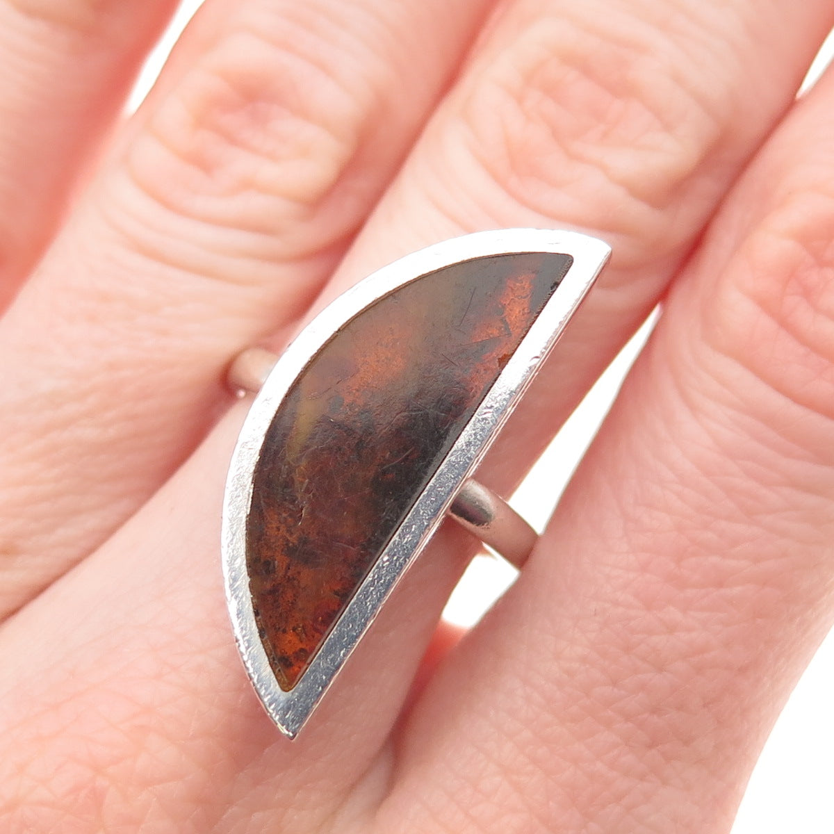 925 Sterling Silver Vintage Real Amber Modernist Crescent Ring Size 7