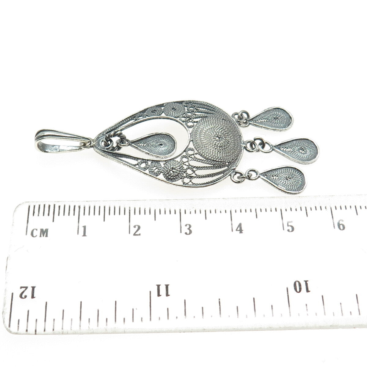925 Sterling Silver Vintage Filigree Teardrop Shape Oxidized Dangle Pendant