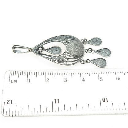 925 Sterling Silver Vintage Filigree Teardrop Shape Oxidized Dangle Pendant