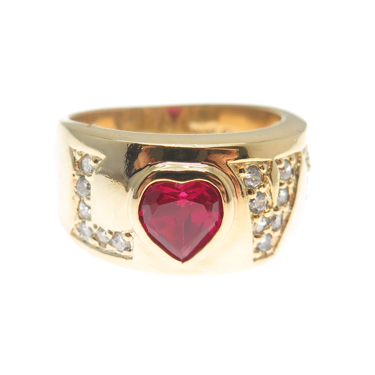 925 Sterling Silver Gold Plated Real Heart-Cut Ruby & C Z Love Ring Size 9.25
