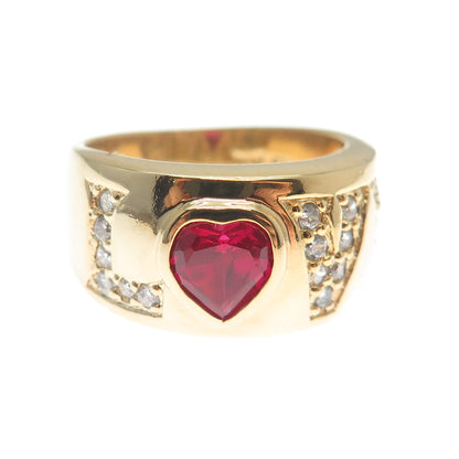 925 Sterling Silver Gold Plated Real Heart-Cut Ruby & C Z Love Ring Size 9.25