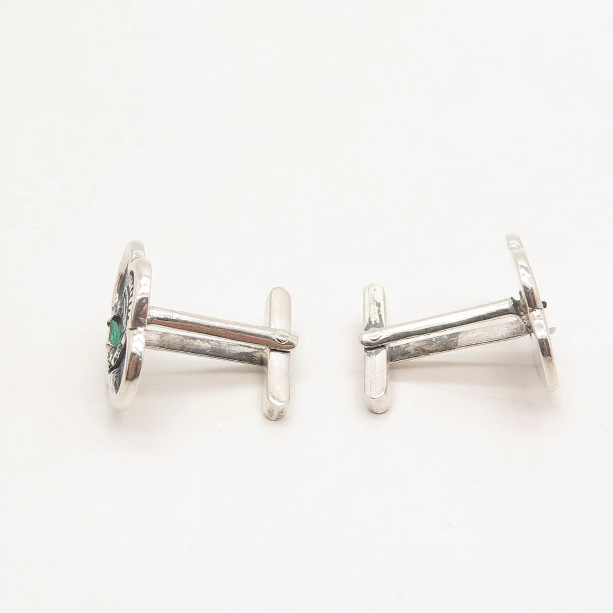 900 Silver Vintage Real Emerald Gem Tribal God Cufflinks