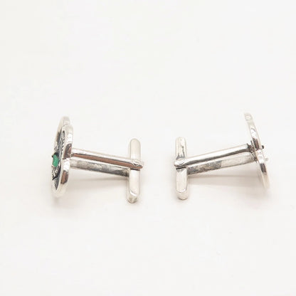 900 Silver Vintage Real Emerald Gem Tribal God Cufflinks