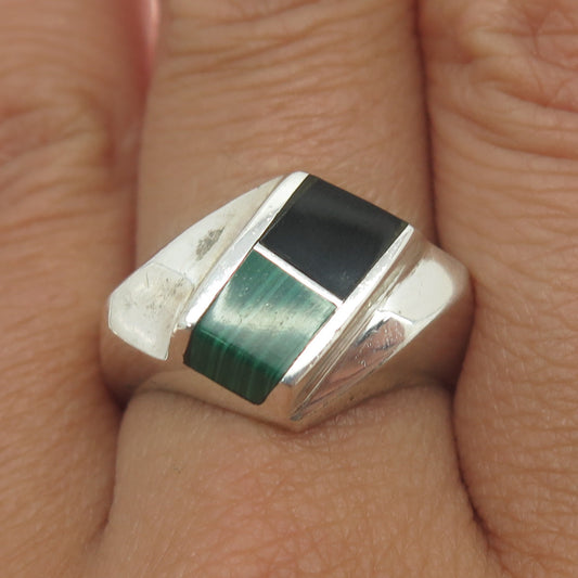 925 Sterling Silver Vintage Mexico Real Black Onyx & Malachite Gem Ring Size 10