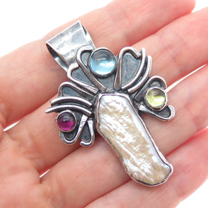 925 Sterling Silver Vintage Real Pearl Topaz Peridot Amethyst Modernist Pendant