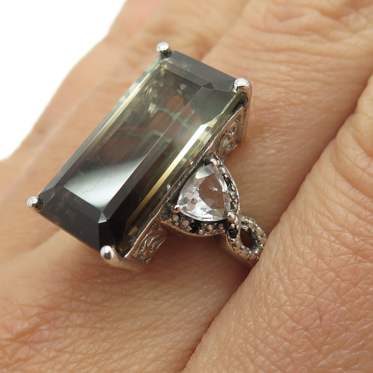 CHUCK CLEMENCY 925 Sterling Smoky Quartz White Topaz & Black Spinel Ring Size 8