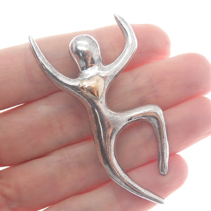 925 Sterling Silver & Gold Vintage Love to Dance Heart Modernist Pin Brooch