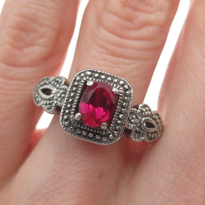 925 Sterling Silver Vintage Real Diamond Accent Lab-Created Ruby Ring Size 8.25