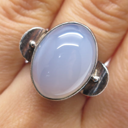 SAJEN 925 Sterling Silver Vintage Real Blue Chalcedony Adjustable Ring Size 8.5