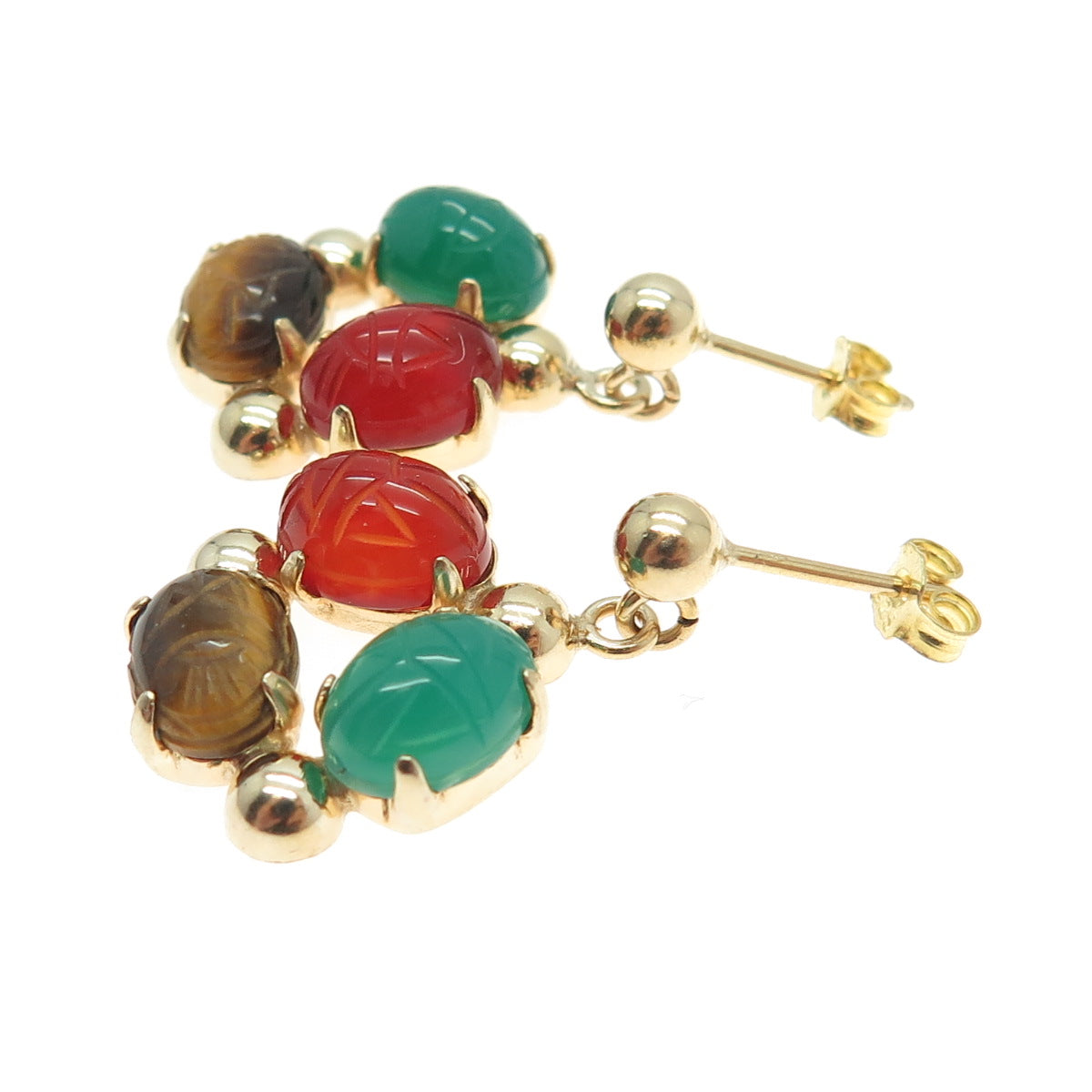 Gold Filled Vintage Real Chalcedony Tiger Eye & Carnelian Gemstone Earrings