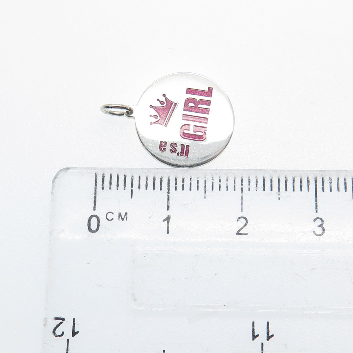 925 Sterling Silver Pink Enamel "It's A Girl" Round Tag Minimalist Charm Pendant