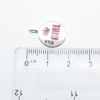 925 Sterling Silver Pink Enamel "It's A Girl" Round Tag Minimalist Charm Pendant