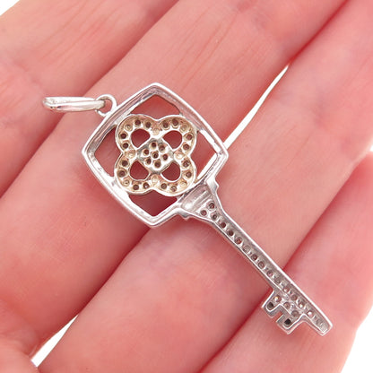 925 Sterling Silver Real Round-Cut Diamond Floral Key Charm Pendant