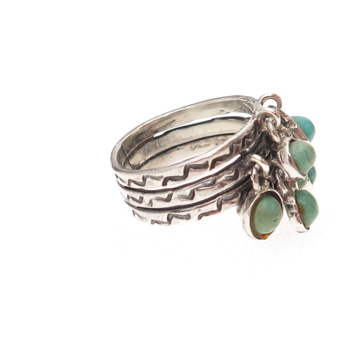 Old Pawn Sterling Silver Vintage Turquoise Cha Cha Charm Tribal Ring Size 7.25