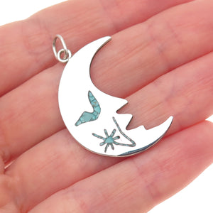 925 Sterling Silver Vintage Real Turquoise Inlay Crescent Moon Charm Pendant