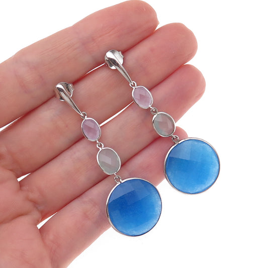 925 Sterling Silver Real Multi-Color Gemstone Dangle Earrings