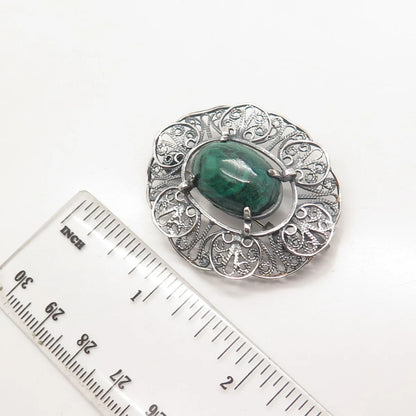 925 Sterling Silver Vintage Real Chrysocolla Gemstone Filigree Brooch / Pendant