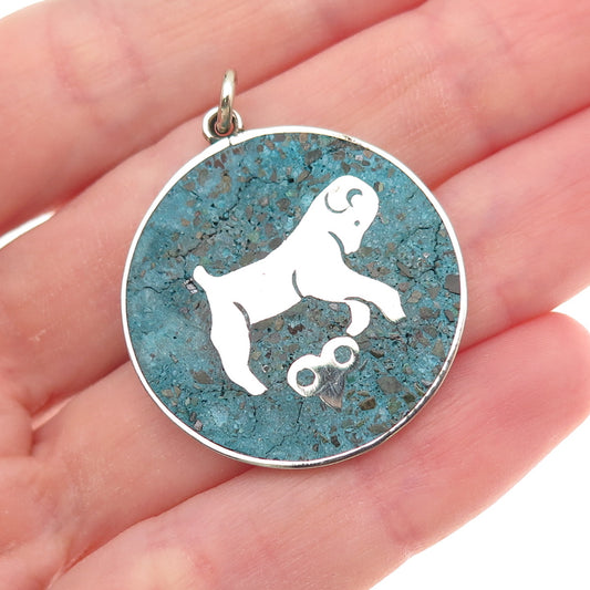 925 Sterling Silver Vintage Mexico Real Turquoise Aries Zodiac Charm Pendant