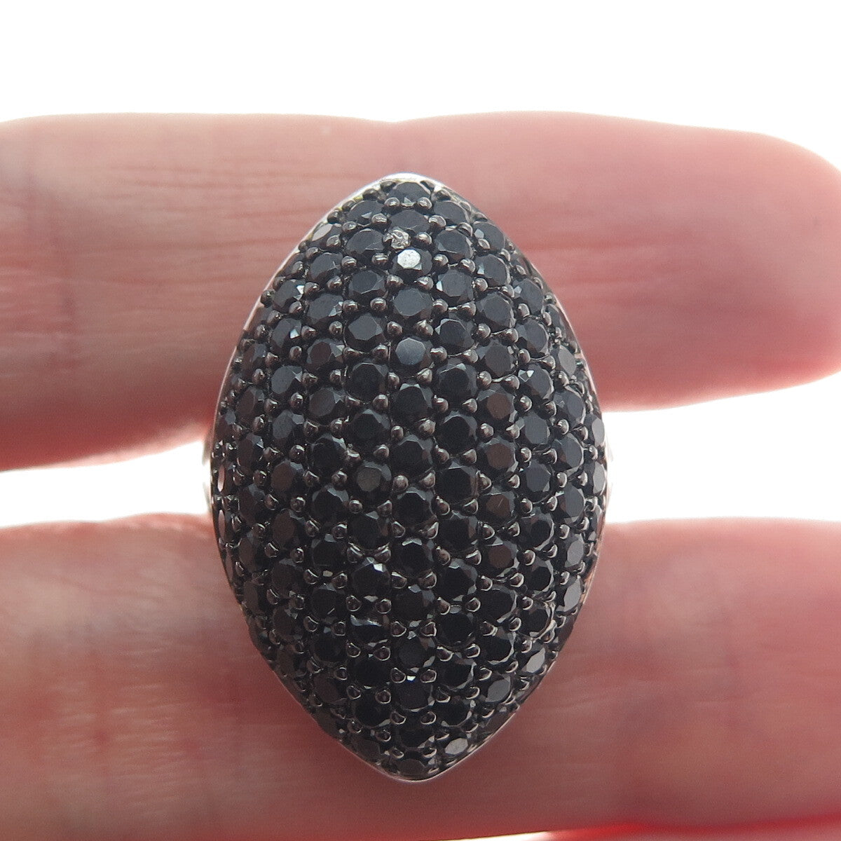 925 Sterling Silver Real Black Spinel Gem Cluster Marquise Dome Ring Size 7