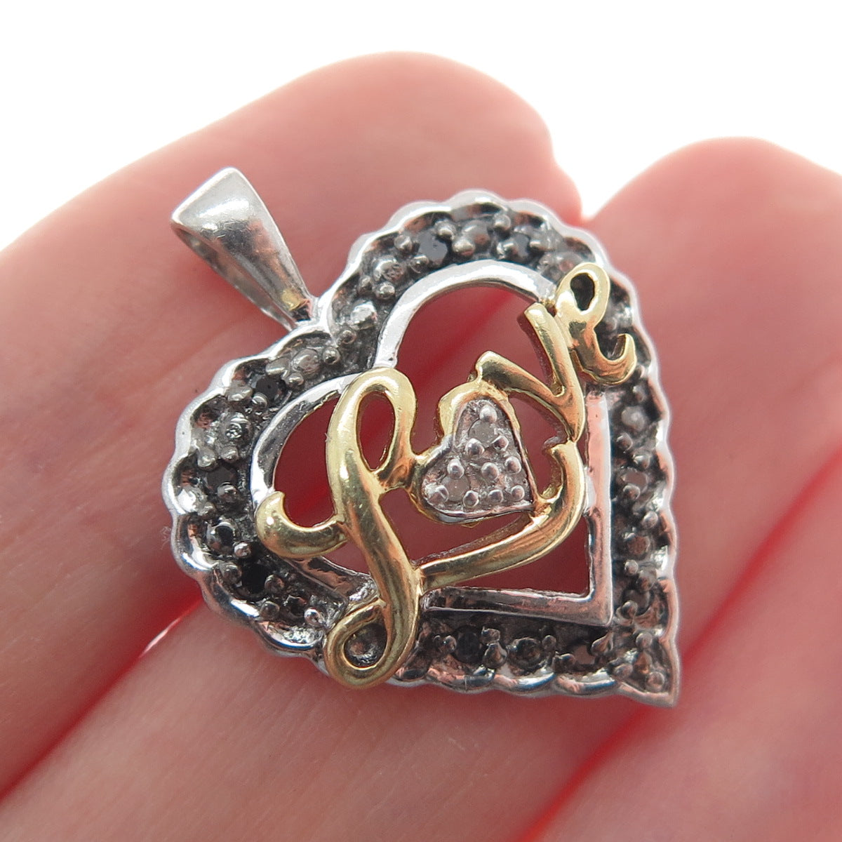925 Sterling Silver 2-Tone Real Black & White Diamond "Love" Heart Pendant