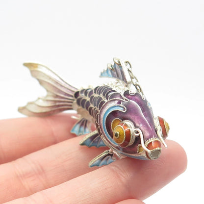 925 Sterling Silver Antique Enamel Chinese Koi Fish Chatelaine Fob / Pendant
