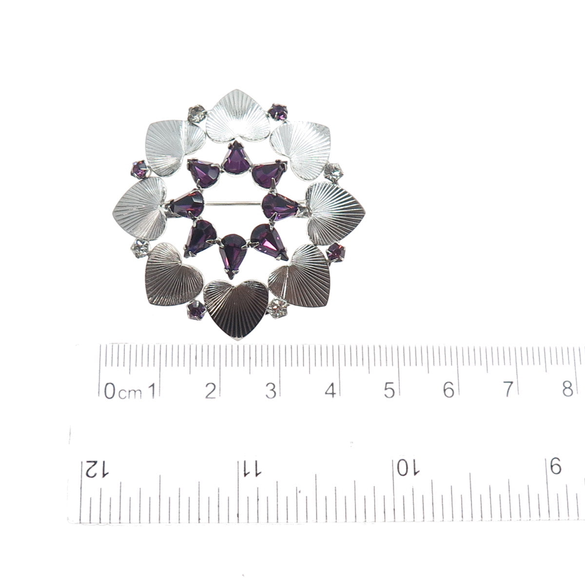 CARL ART 925 Sterling Silver Vintage Purple Rhinestone Heart Flower Pin Brooch