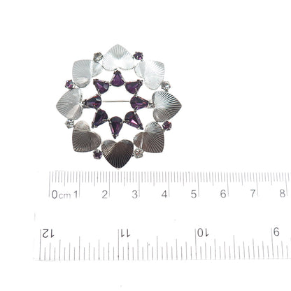 CARL ART 925 Sterling Silver Vintage Purple Rhinestone Heart Flower Pin Brooch