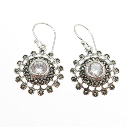 925 Sterling Silver Real Marcasite & Round-Cut C Z Floral Dangling Earrings