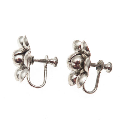 925 Sterling Silver Vintage Flower Oxidized Screw Back Earrings
