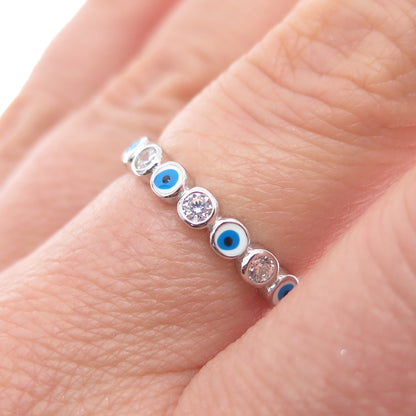 925 Sterling Silver Enamel & C Z Evil's Eye All Around Band Ring Size 7