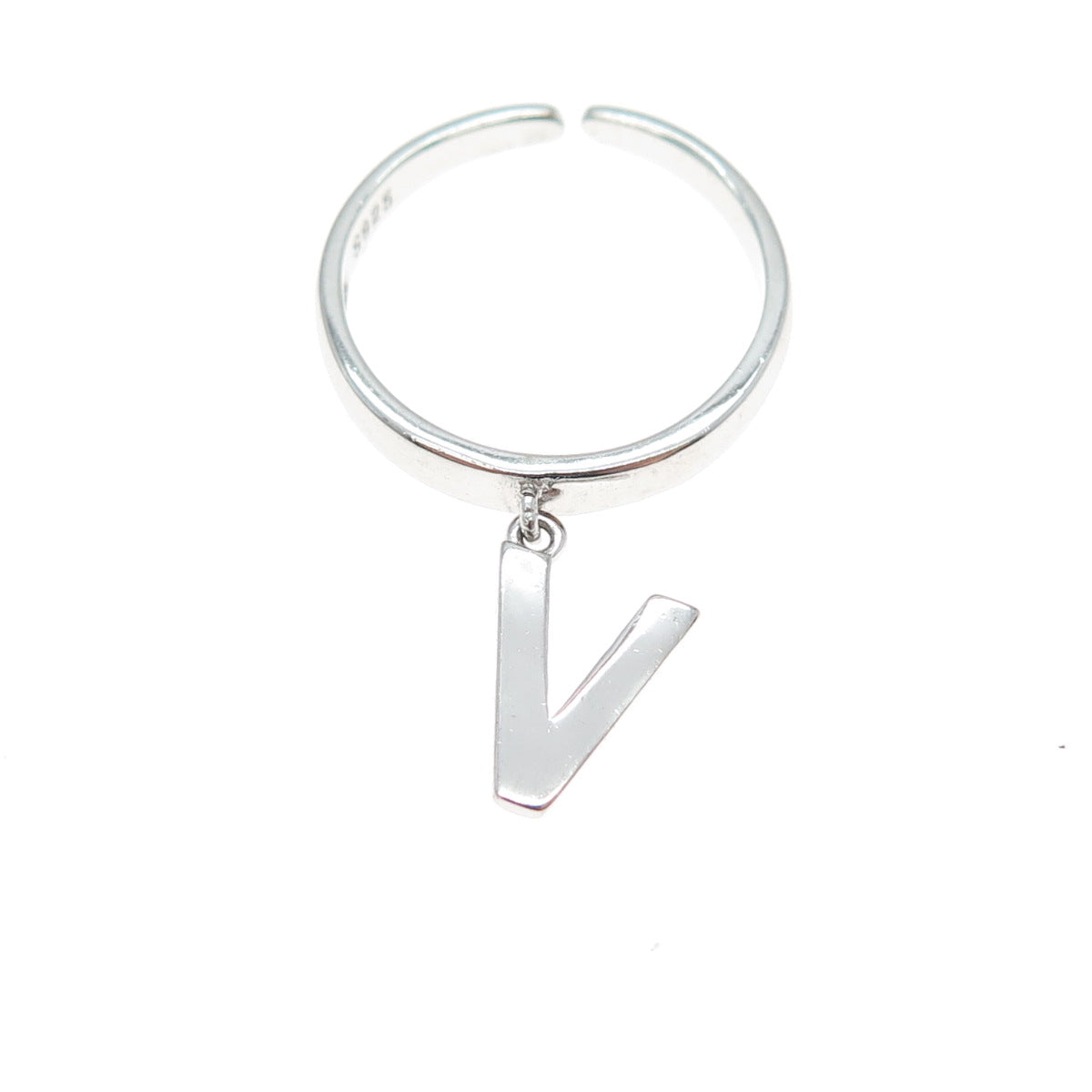 925 Sterling Silver Vintage Letter V Dangle Charm Adjustable Ring Size 6