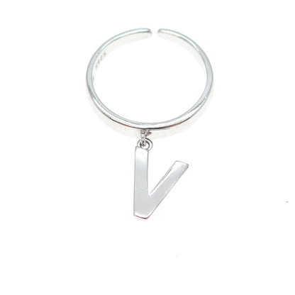 925 Sterling Silver Vintage Letter V Dangle Charm Adjustable Ring Size 6