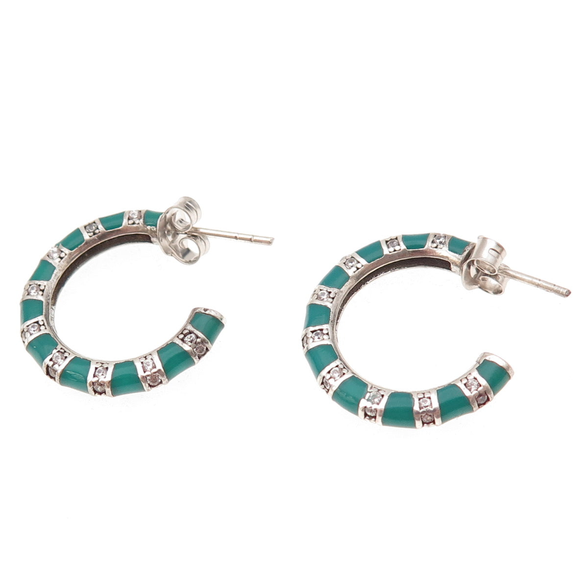 925 Sterling Silver Enamel & C Z Bamboo Hoop Earrings