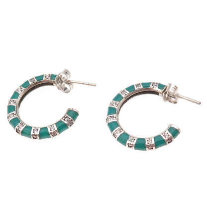 925 Sterling Silver Enamel & C Z Bamboo Hoop Earrings
