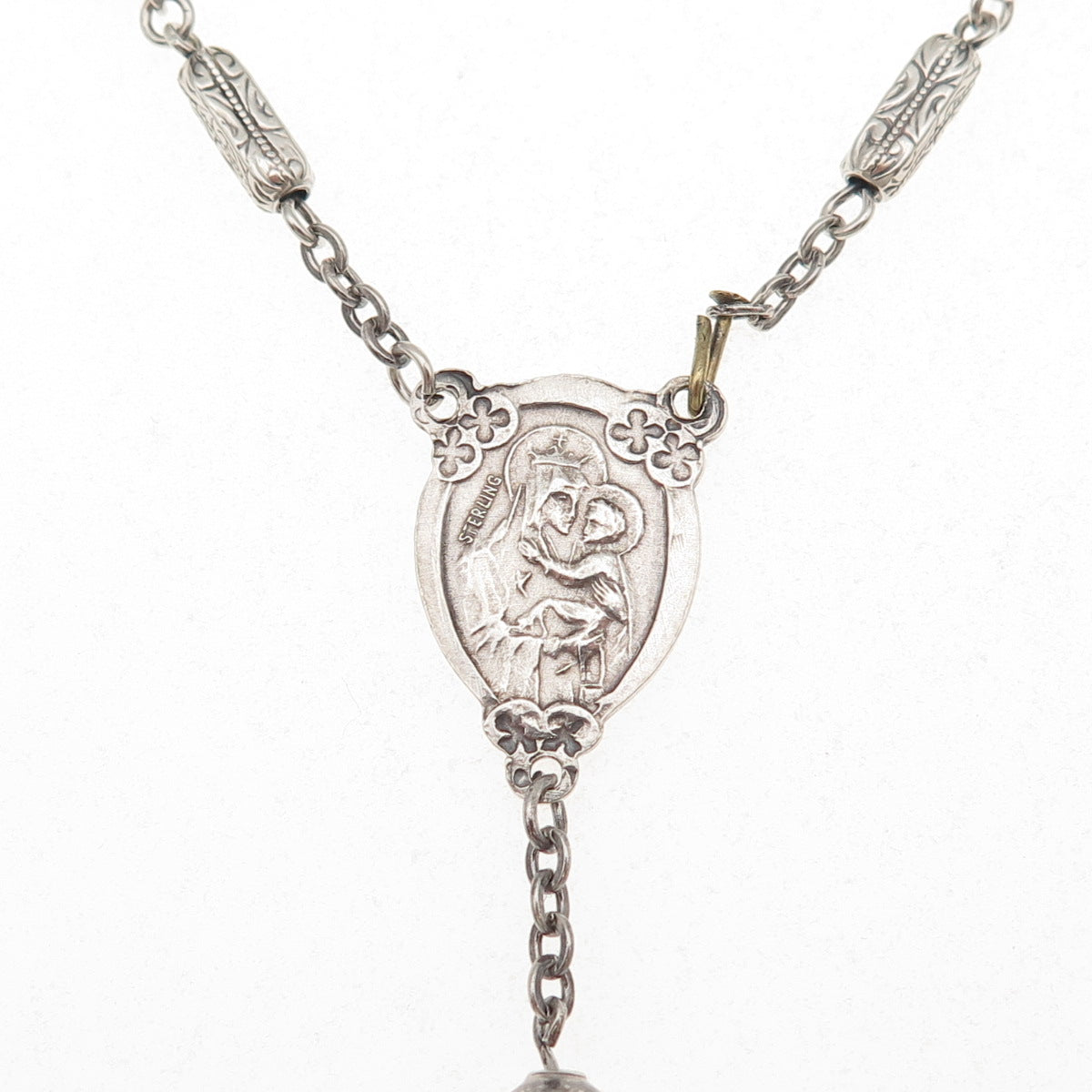 925 Sterling Antique Art Deco Jesus Sacred Heart Religious Rosary Chain 32"